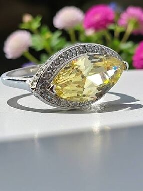 Yellow Marquise Crystal Halo Ring - Women's Silver-tone Band